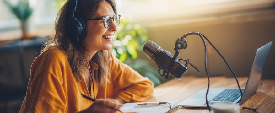 The cheerful woman engaged in a podcast recording session at her home studio.