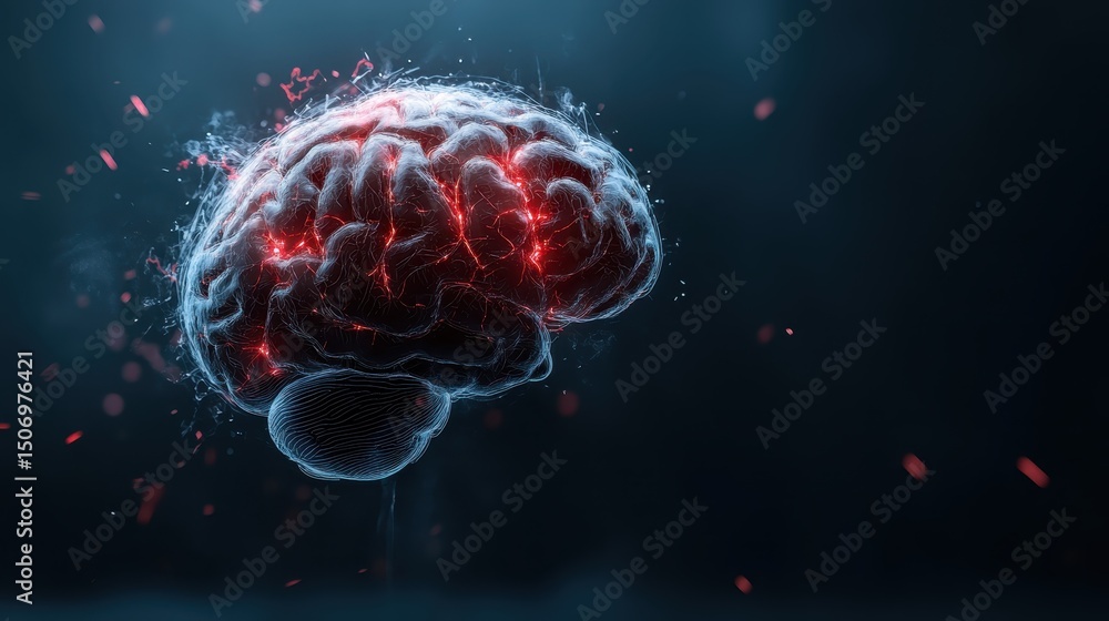 Poster this abstract representation of a brain highlights neural activity with glowing elements, symbolizin