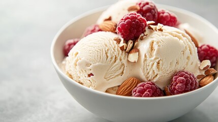 A tempting bowl of ice cream adorned with fresh raspberries and crunchy almonds showcases a dessert that's both visually appealing and delightfully tasty.