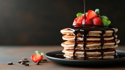 A mouthwatering stack of fluffy pancakes drizzled with chocolate syrup and topped with fresh strawberries, creating a visually appealing and delectable breakfast treat.