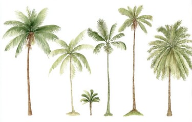 Watercolor illustration of various palm trees with green fronds on a white background.