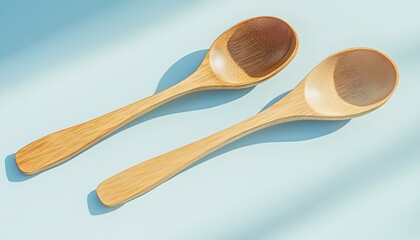 Handcrafted ash wooden spoons lying flat on a light pastel blue surface