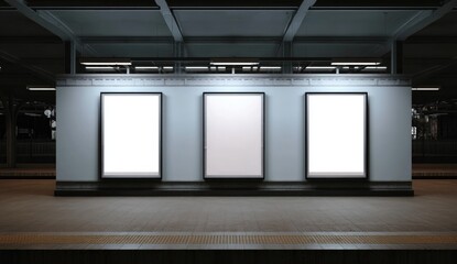 Three blank illuminated billboards at an empty modern train station platform at night.