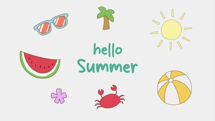 Cute hello summer introduction video animation. Motion graphic of summer elements like palm, crab, sun, watermelon, sunglasses in children illustration style for cover