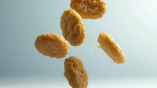 Crispy chicken nuggets falling in air on blue background, slow motion