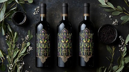 Dark wine bottles with intricate designs