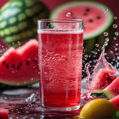 Summer-themed advertising image with sparkling watermelon cider, juicy slices, ice cubes and festive tropical setting