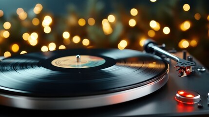An artistic shot of a vinyl record spinning on a turntable, with sparkling lights softly glowing in the background, evoking a sense of nostalgia and musical warmth.