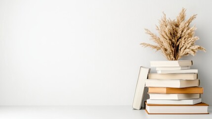 An aesthetically arranged stack of books topped with dried grass creates a cozy, inviting ambiance, symbolizing knowledge, learning, and the beauty of simplicity in home decor.