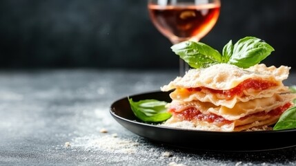 A tempting plate of layered pasta served with a sprig of fresh basil and a glass of wine against a dramatic backdrop, illustrating the joy of culinary art and fine dining.