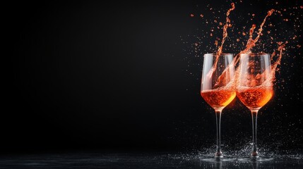 Two elegant glasses filled with a vibrant red beverage, splashing droplets around them against a sleek black background create an energetic celebration moment.