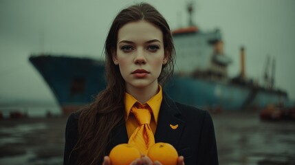 Woman with oranges near industrial harbor, confronting modern dichotomy
