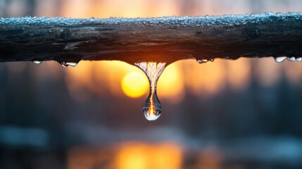 A captivating close-up shot of a droplet hanging from a frozen branch, reflecting the warm hues of a sunset in the background, creating a serene winter scene.