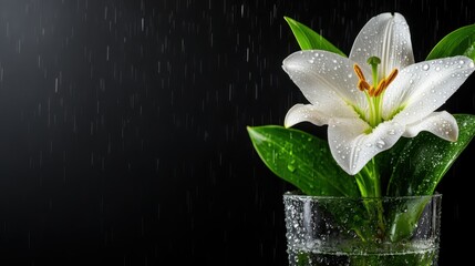 An elegant white lily in a glass vase adorned with water droplets, beautifully set against a black background, symbolizing purity and tranquility in nature.