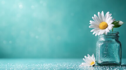 A beautiful daisy flower placed in a glass jar, adorned with water droplets, set against a soft turquoise background, representing simplicity and freshness.