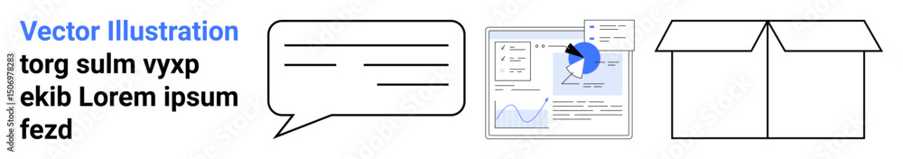 Poster speech bubble for conversation, analytics dashboard with charts, and an open box for storage or deli