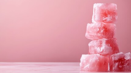 A visually appealing stack of icy pink cubes resting against a soft pink backdrop highlights the beauty of crafted ice for drinks or desserts in a vibrant way.