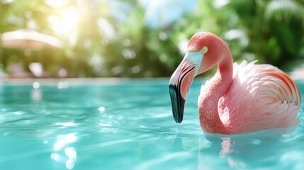 A striking flamingo wades gracefully in crystal-clear tropical waters, embodying the essence of sophistication and beauty amid a vibrant lush resort environment.