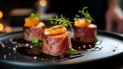 Three carefully arranged gourmet dishes on a stylish plate showcase culinary artistry, reflecting the sophistication and creativity of modern gastronomy in fine dining.