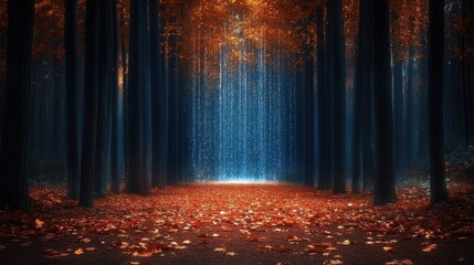 Autumn Forest Path with Orange Leaves and Bright Blue Light at the End