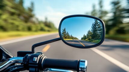 The image captures the exhilarating view from a motorcycle mirror, reflecting a clear road ahead flanked by tall trees, symbolizing freedom, adventure, and the spirit of exploration.