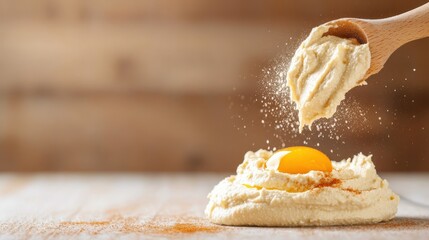 This image showcases a wooden spoon sprinkling flour over a bright yellow egg yolk, capturing the essence of home baking and culinary creativity in a cozy kitchen setting.