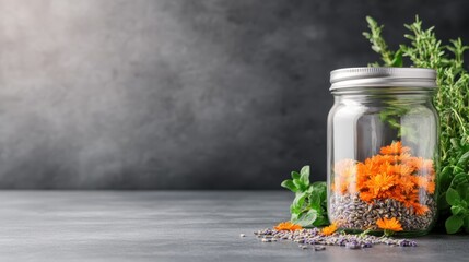 This image features a glass jar filled with vibrant flowers and fragrant herbs, emphasizing the beauty of nature and the freshness of culinary ingredients in a rustic kitchen setting.