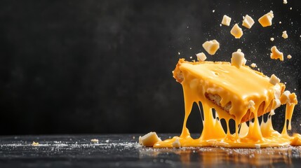 This mouthwatering image displays a large wedge of cheese melting and oozing, creating an irresistible scene that celebrates cheese's indulgent and comforting qualities in culinary art.