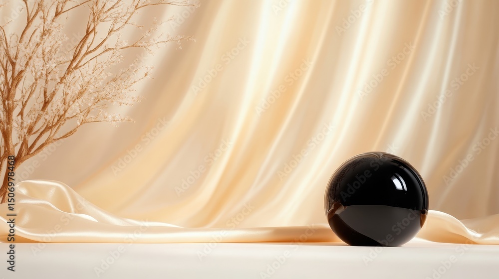 Aufkleber this artistic image showcases a glossy black sphere resting elegantly on smooth cream-colored fabric