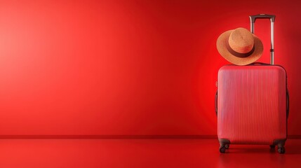 A vibrant red suitcase accompanied by a straw hat, set against a bold red backdrop, evokes feelings of travel and adventure, perfect for vacation or travel-themed promotions.