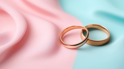 Two beautifully crafted wedding rings resting on silky pink and blue fabric, symbolizing love and commitment in a romantic and elegant way, perfect for wedding preparations.