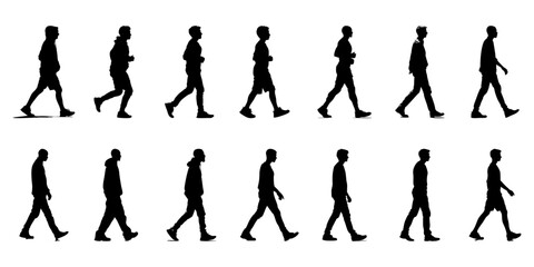 Obraz premium Walking Men Silhouette Icon Set. Dynamic Motion And Posture Reference Solid Symbol Collection. Isolated Vector Illustration