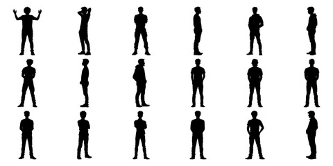 Silhouetted Male Figures In Various Poses Icon Set. Body Language And Posture Reference Solid Symbol Collection. Design, Animation, And Educational Use. Isolated Vector Illustration
