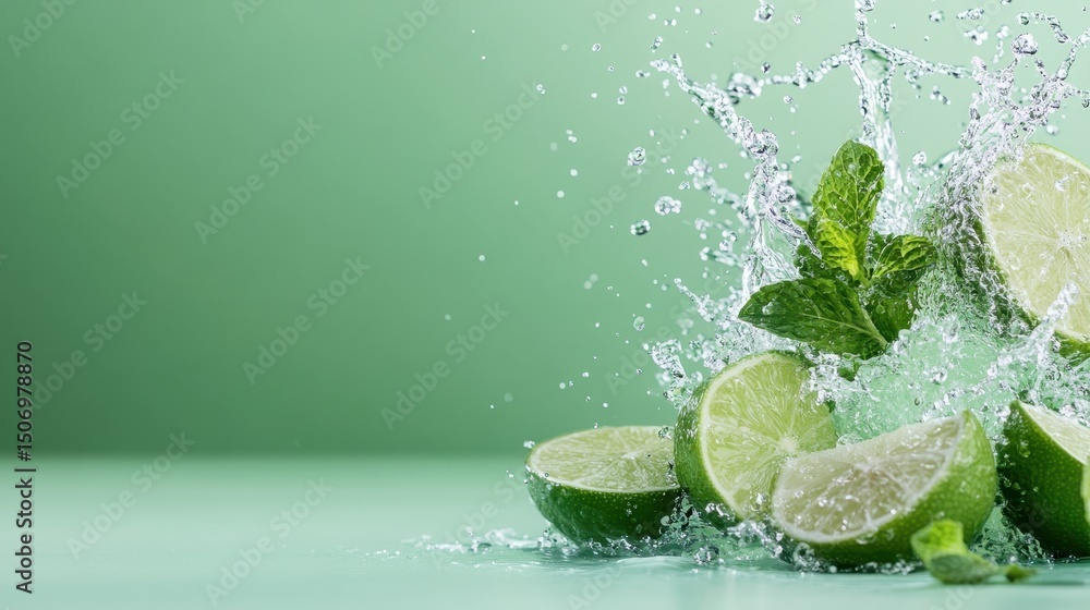 Poster juicy lime halves surrounded by splashes of water and fresh mint create a refreshing and vibrant com