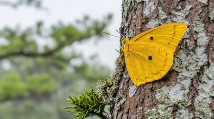Yellow butterfly resting on tree trunk, misty forest background, nature photography
