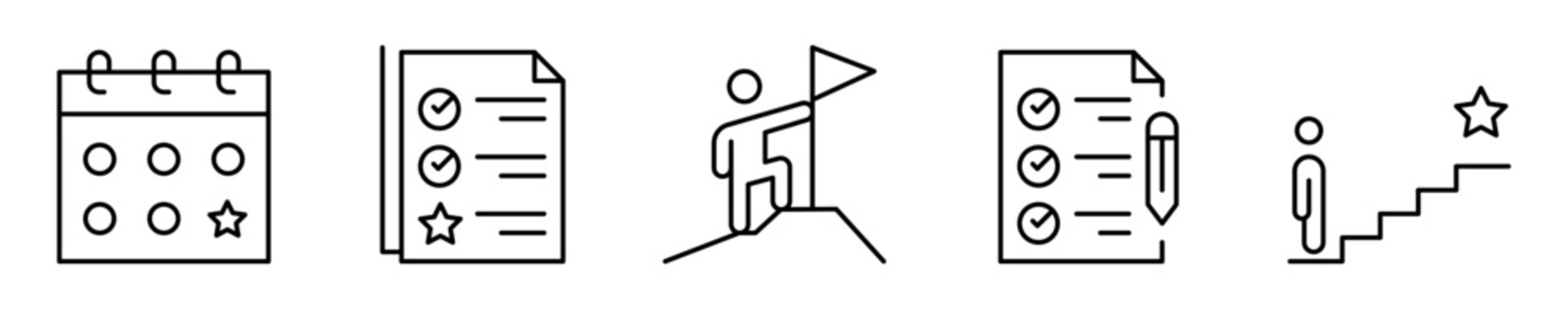 Conjunto de iconos de planificaci&oacute;n de metas. Organizaci&oacute;n, motivaci&oacute;n y logro de objetivos. Meta destacada, lista de tareas, meta alcanzada, progreso anotado, escalera de &eacute;xito. Ilustraci&oacute;n vectorial
