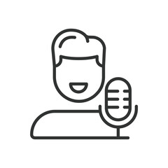 Podcaster, icon in line design. Podcaster, podcast, microphone, recording, broadcast, audio, speaker on white background vector. Podcaster, editable stroke icon