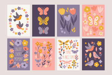 Floral greeting cards with birds, butterflies, dragonflies, flowers, tulips, leaves, cyclamens in Peach, White, Yellow and Violet. Perfect for seasonal holiday decoration. Vector illustration