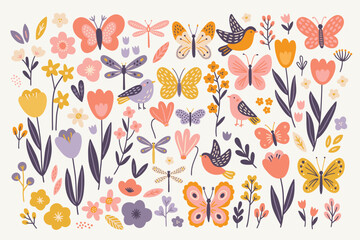 Floral set -  butterflies, dragonflies, birds, meadow flowers, tulips, leaves on white background. Perfect for spring and summer greeting cards, decorations. Vector hand drawn illustration