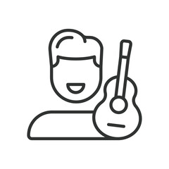 Musician, icon in line design. Musician, music, instrument, performer, band, guitar, singer on white background vector. Musician, editable stroke icon