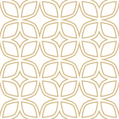 Fototapeta na wymiar Gold and white linear ornament. Vector abstract geometric seamless pattern with outline grid, diamonds, lattice, net. Simple golden background texture. Repeated geo design for decor, textile, package