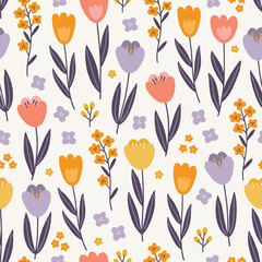 Floral seamless pattern with tulips, flowers, leaves on white background. Perfect for wallpaper, gift paper, spring and summer greeting cards. Vector hand drawn illustration