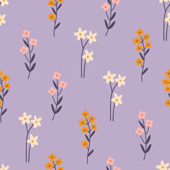 Floral seamless pattern with tender flowers on lilac background. Perfect for wallpaper, gift paper, spring and summer greeting cards. Vector hand drawn illustration