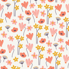 Floral seamless pattern with cyclamens and meadow flowers on white background. Perfect for wallpaper, gift paper, spring and summer greeting cards. Vector hand drawn illustration