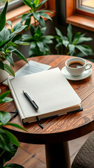 Blank notebook and pen placed on a wooden table surrounded by lush green plants, with a cup of coffee nearby, creating a serene workspace atmosphere for creativity