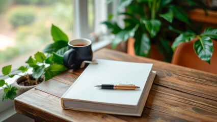 Blank notebook and pen placed on a wooden table surrounded by lush green plants, with a cup of coffee nearby, creating a serene workspace atmosphere for creativity