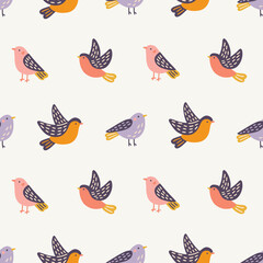 Floral seamless pattern with colorful birds on white background. Perfect for wallpaper, gift paper, spring and summer greeting cards. Vector hand drawn illustration