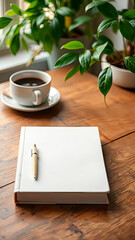 Blank notebook and pen placed on a wooden table surrounded by lush green plants, with a cup of coffee nearby, creating a serene workspace atmosphere for creativity