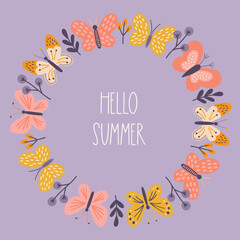 Floral greeting card with butterflies, leaves and branches on lilac background. Perfect for spring and summer holidays and decorations. Hand drawn frame, wreath