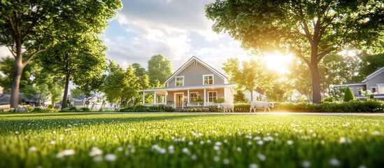 Suburban house, sheep grazing, sunset, tree-lined street, idyllic scene